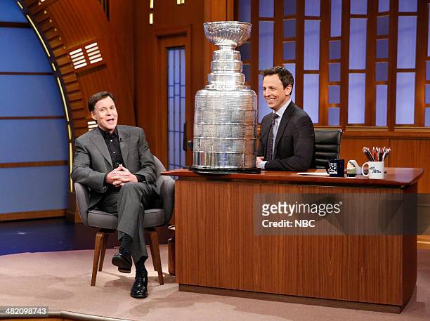 Episode 27 -- Pictured: Sportscaster Bob Costas during an interview with host Seth Meyers on April 2, 2014 --