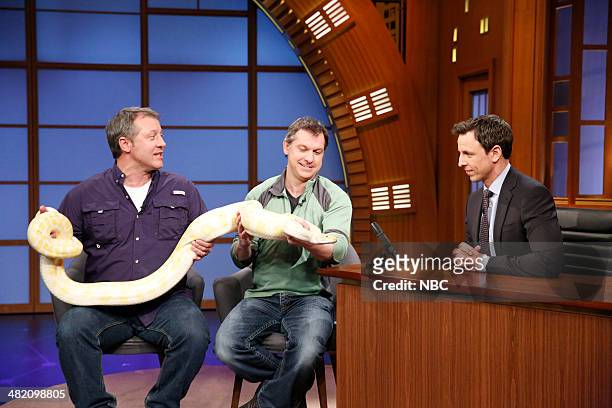 Episode 27 -- Pictured: Animal experts Martin Kratt and Chris Kratt during an interview with host Seth Meyers on April 2, 2014 --