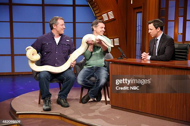 Episode 27 -- Pictured: Animal experts Martin Kratt and Chris Kratt during an interview with host Seth Meyers on April 2, 2014 --