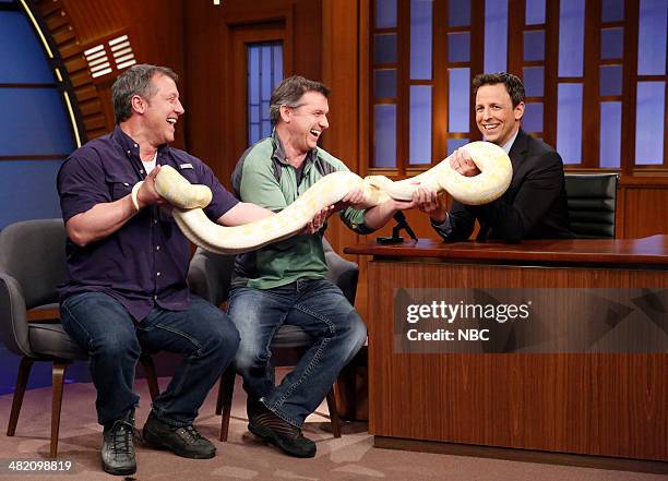 Episode 27 -- Pictured: Animal experts Martin Kratt and Chris Kratt during an interview with host Seth Meyers on April 2, 2014 --