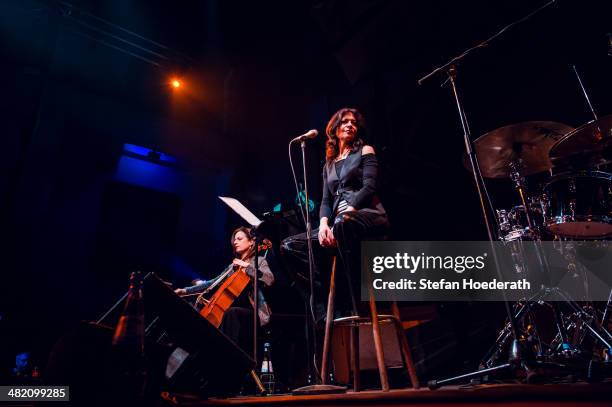 Violincellist Anja Lechner and singer Maria Pia de Vito of Il Pergolese perform live during Yellow Lounge organized by recording label Deutsche...