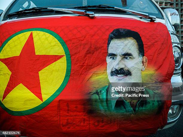 Banner of Ojhlan the leader of PKK.A demonstration was organized to protect Qandil mountain and negotiate with the Turkey council to stop attacking...