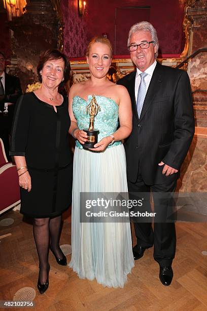 Diana Damrau and her mother Sybille Damrau and her father Rainer Damrau during the 'Die Goldene Deutschland' Gala on July 26, 2015 at Cuvillies...