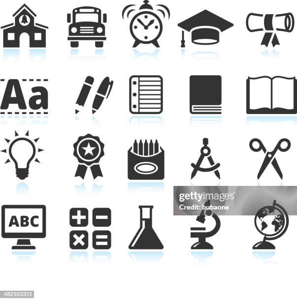 education and school supplies black & white vector icon set - school supplies icon stock illustrations