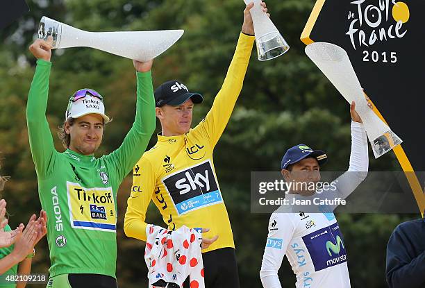 Winner of the Tour Chris Froome of Great Britain and Team Sky wearing the yellow jersey and holding the polka dot jersey for best climber is...