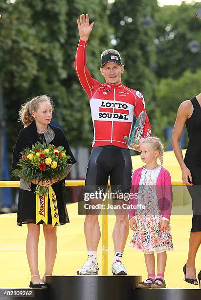 Andre Greipel of Germany and Lotto-Soudal celebrates with his daughters winning stage twenty one of the 2015 Tour de France, a 109.5 km stage from...