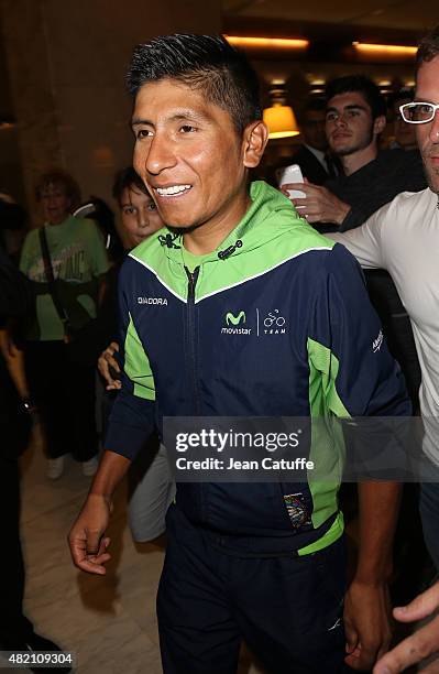 Nairo Quintana of Colombia and Movistar Team leaves his hotel for the team's party, following stage twenty one of the 2015 Tour de France, a 109.5 km...