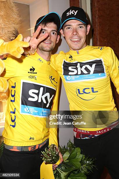 Wout Poels of the Netherlands and Team Sky and Luke Rowe of Great Britain and Team Sky wear the yellow jersey of their leader, Chris Froome,...