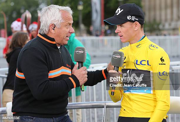 Winner of the Tour Chris Froome of Great Britain and Team Sky is interviewed for EuroSport by three time winner of the Tour de France Greg Lemond of...