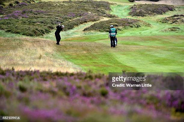 Billy Andrade of the USA plays his second shot into the sixth green during the final round of The Senior Open Championship on the Old Course at...
