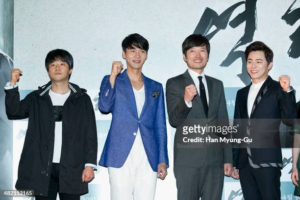 South Korean director Lee Jae-Kyu, actors Hyun Bin, Jeong Jae-Yeong , Cho Jung-Seok attend the "The Fatal Encounter" press conference on April 2,...