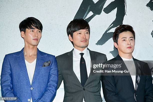 South Korean actors Hyun Bin, Jeong Jae-Yeong and Cho Jung-Seok attend the "The Fatal Encounter" press conference on April 2, 2014 in Seoul, South...