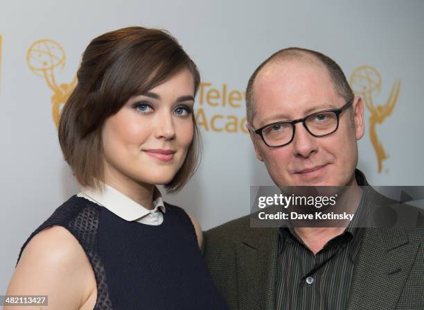 Megan Boone and James Spader attends an evening with "The Blacklist" at Florence Gould Hall on April 2, 2014 in New York City.