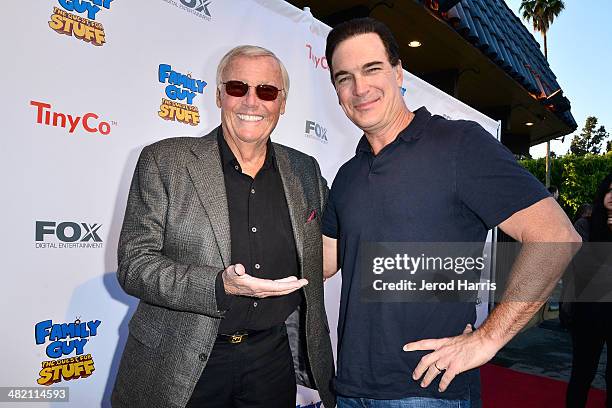 Adam West and Patrick Warburton attend the Launch Party for the 'Family Guy' Game at the Happy Ending Bar & Restaurant on April 2, 2014 in Hollywood,...