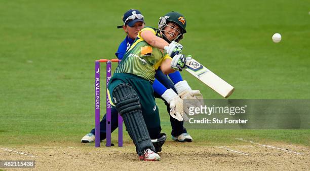England keeper Sarah Taylor looks on as Australia batsman Nicole Bolton hits out during the 3rd Royal London ODI of the Women's Ashes Series between...