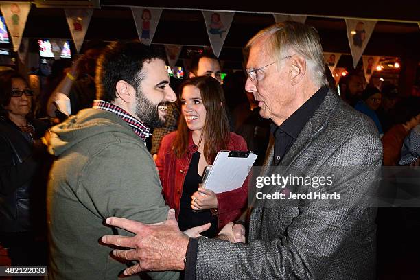 Andrew Green of TINY Co and Adam West attend the Launch Party for the 'Family Guy' Game at the Happy Ending Bar & Restaurant on April 2, 2014 in...