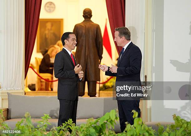 Indonesian President Joko Widodo, left and British Prime Minister David Cameron chat before bi-lateral meetings outside the Presidential Palace on...