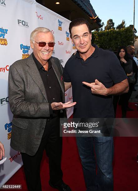 Actors Adam West and Patrick Warburton attend the FAMILY GUY: The Quest For Stuff Los Angeles Premiere Party at The Happy Ending Bar & Restaurant on...