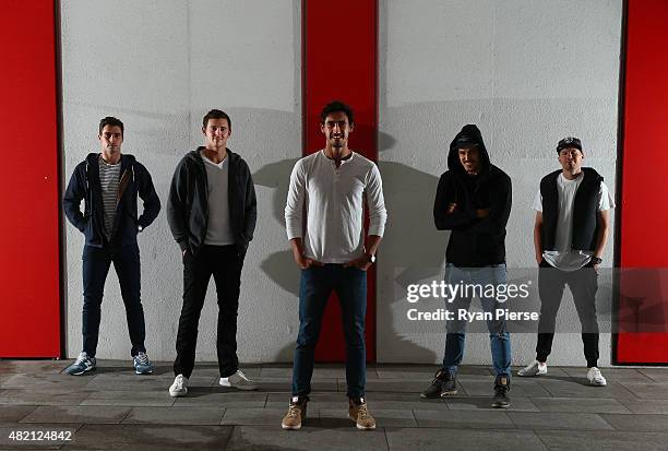 Pat Cummins, Josh Hazlewood, Mitchell Starc, Mitchell Johnson and Peter Siddle of Australia pose during an Australian Fast Bowlers Portrait Session...