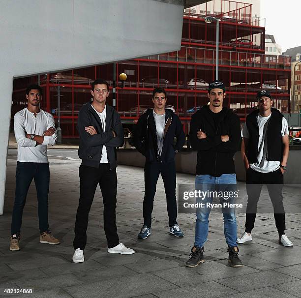 Mitchell Starc, Josh Hazlewood, Pat Cummins, Mitchell Johnson and Peter Siddle of Australia pose during an Australian Fast Bowlers Portrait Session...