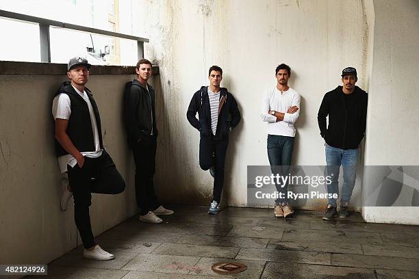 Peter Siddle, Josh Hazlewood, Pat Cummins, Mitchell Starc and Mitchell Johnson of Australia pose during an Australian Fast Bowlers Portrait Session...