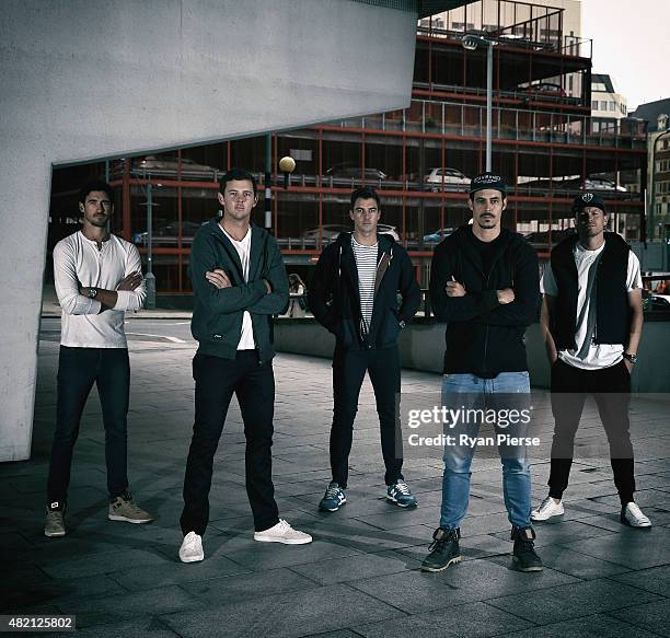 Mitchell Starc, Josh Hazlewood, Pat Cummins, Mitchell Johnson and Peter Siddle of Australia pose during an Australian Fast Bowlers Portrait Session...