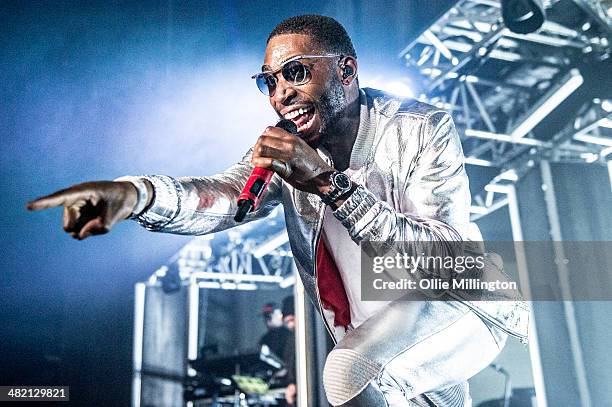 Tinie Tempah performs on stage during a date of his 2014 UK Demonstration Tour at Nottingham Capital FM Arena on April 2, 2014 in Nottingham, England.