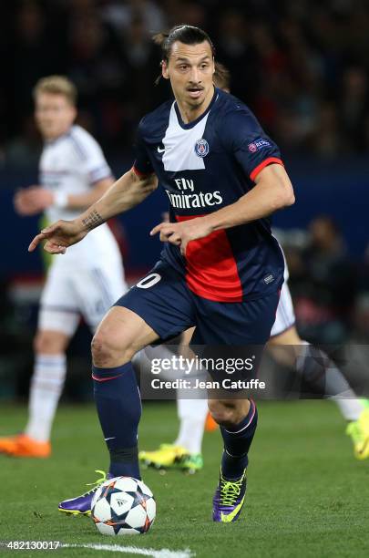 Zlatan Ibrahimovic of PSG in action during the UEFA Champions League quarter final match between Paris Saint-Germain FC and Chelsea FC at Parc des...