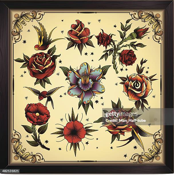 stockillustraties, clipart, cartoons en iconen met tattoo style flowers - tatoeage