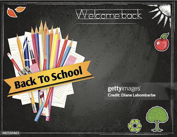 back to school supplies on a blackboard - pencil sharpener stock illustrations