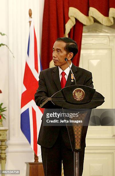 Indonesian President Joko Widodo, speaks at a joint briefing after the signing of several memorandums of understanding between the United Kingdom and...