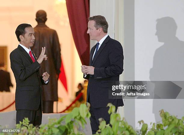 Indonesian President Joko Widodo and British Prime Minister David Cameron chat before bilateral meetings outside the Presidential Palace on July 27,...