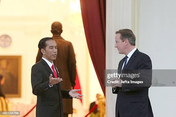 Indonesian President Joko Widodo and British Prime Minister David Cameron chat before bilateral meetings outside the Presidential Palace on July 27,...