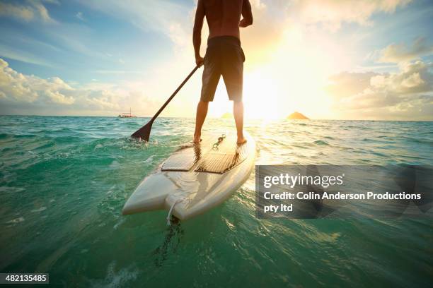 caucasian man on paddle board in ocean - paddle board men imagens e fotografias de stock