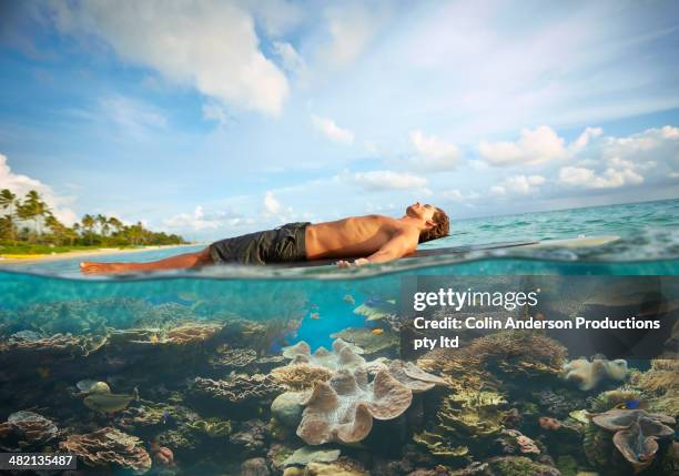 caucasian man laying on paddle board in tropical ocean - paddle board men imagens e fotografias de stock