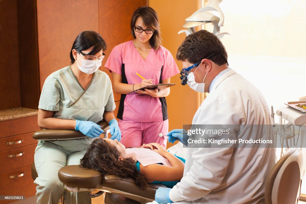 Dentist and hygienists examining patient