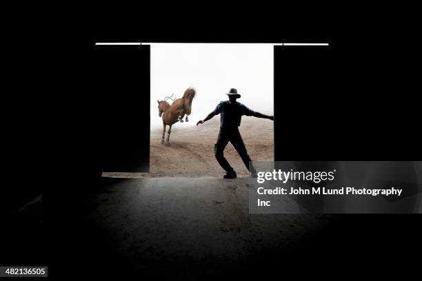 caucasian rancher closing barn door - bokken dierlijk gedrag stockfoto's en -beelden