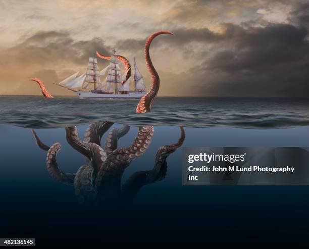 octopus tentacles attacking ship - monstro imagens e fotografias de stock