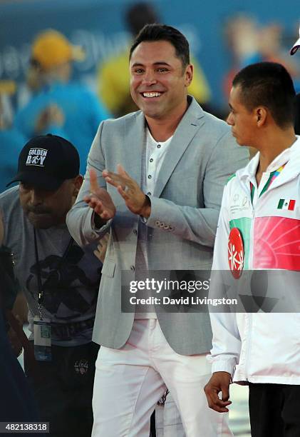 Retired pro boxer Oscar De La Hoya attends the opening ceremony of the Special Olympics World Games Los Angeles 2015 at the Los Angeles Memorial...