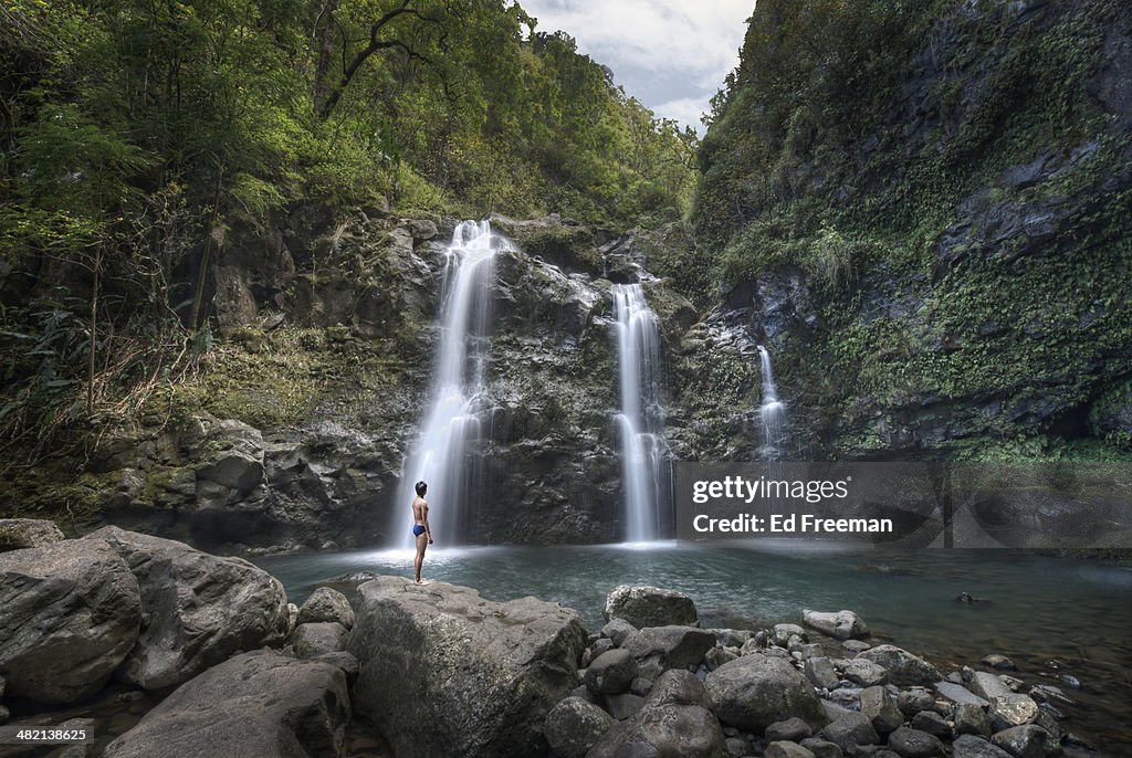 Waterfalls, Pool and Swimmer