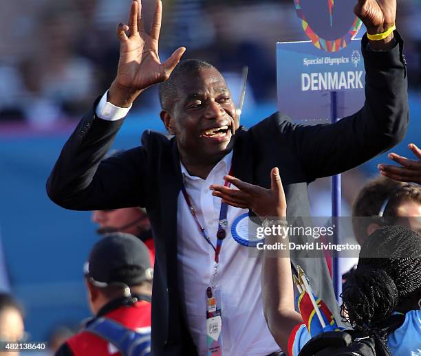 Retired NBA player Dikembe Mutombo attends the opening ceremony of the Special Olympics World Games Los Angeles 2015 at the Los Angeles Memorial...