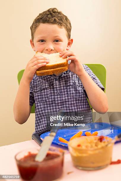 caucasian boy eating sandwich in kitchen - peanut butter and jelly sandwich stock pictures, royalty-free photos & images