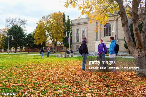 students talking on campus - campus stockfoto's en -beelden