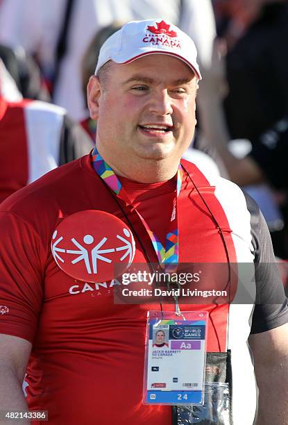 Powerlifter Jackie Barrett aka 'The Newfoundland Moose' attends the opening ceremony of the Special Olympics World Games Los Angeles 2015 at the Los...