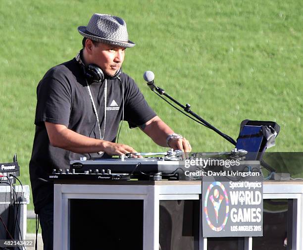 Mix Master Mike spins at the opening ceremony of the Special Olympics World Games Los Angeles 2015 at the Los Angeles Memorial Coliseum on July 25,...