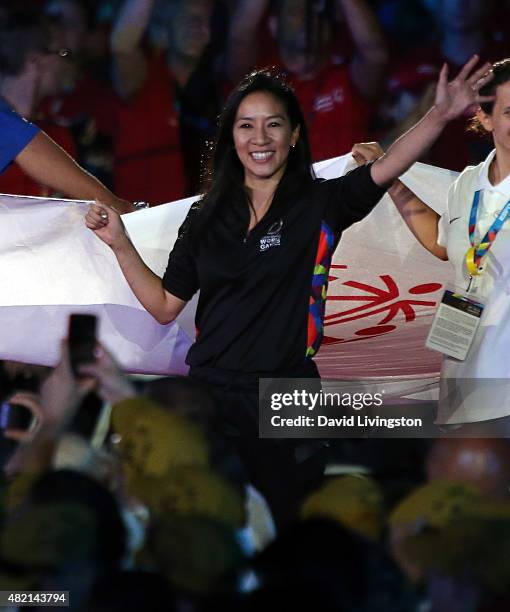 Figure skater Michelle Kwan attends the opening ceremony of the Special Olympics World Games Los Angeles 2015 at the Los Angeles Memorial Coliseum on...