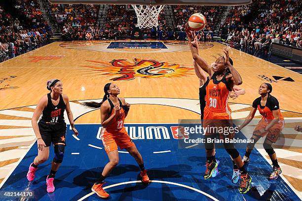 Nneka Ogwumike of the Western Conference All Stars shoots against the Eastern Conference All Stars during the Boost Mobile WNBA All-Star 2015 Game at...