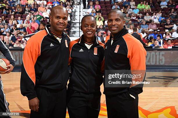 Referees pose for a picture before a game between the Eastern Conference All Stars and Western Conference All Stars during the Boost Mobile WNBA...