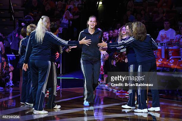 Emma Meesseman of the Eastern Conference All Stars gets introduced before a game against the Western Conference All Stars during the Boost Mobile...
