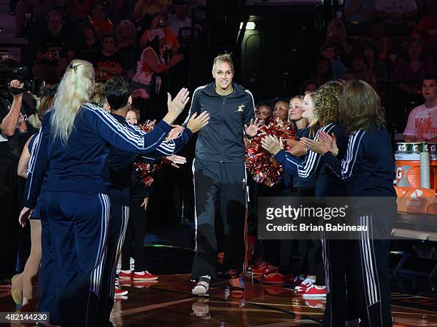 Elena Delle Donne of the Eastern Conference All Stars gets introduced before a game against the Western Conference All Stars during the Boost Mobile...